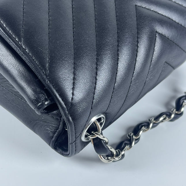 Chanel Classic Flap Mini Square Chevron Stitching Black Lambskin Silver Hardware Crossbody Bag