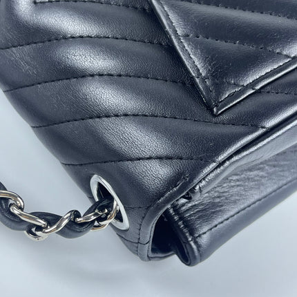 Chanel Classic Flap Mini Square Chevron Stitching Black Lambskin Silver Hardware Crossbody Bag