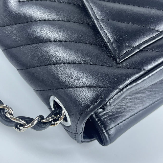 Chanel Classic Flap Mini Square Chevron Stitching Black Lambskin Silver Hardware Crossbody Bag