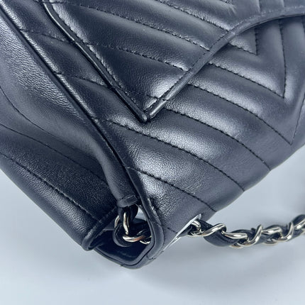 Chanel Classic Flap Mini Square Chevron Stitching Black Lambskin Silver Hardware Crossbody Bag