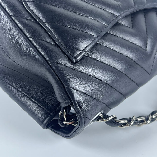 Chanel Classic Flap Mini Square Chevron Stitching Black Lambskin Silver Hardware Crossbody Bag