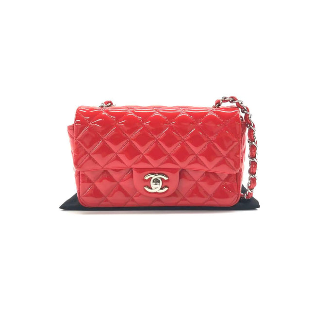 Chanel Classic Flap Mini Red Patent Leather Silver Hardware-Luxbags