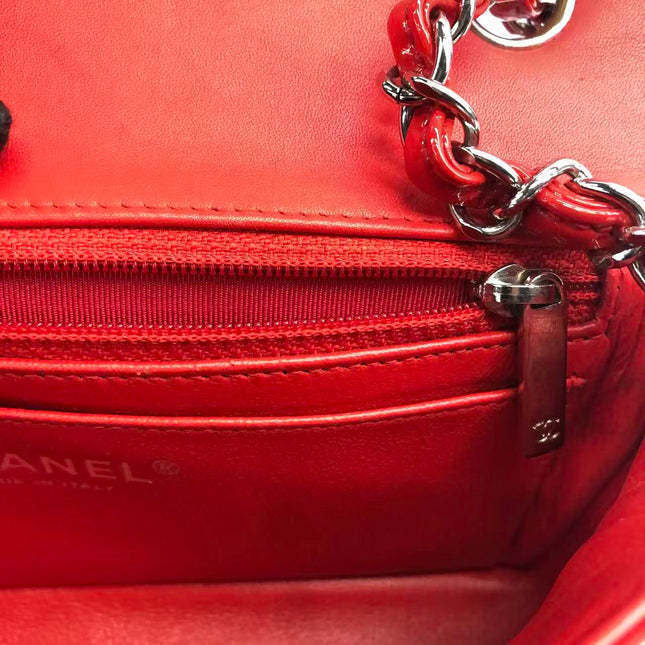 Chanel Classic Flap Mini Red Patent Leather Silver Hardware