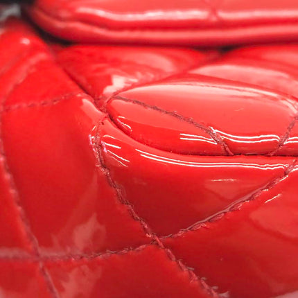 Chanel Classique Mini Rabat Cuir Verni Rouge Métal Argenté