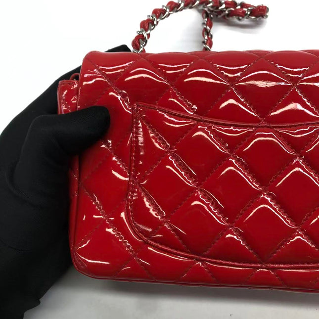 Chanel Classic Flap Mini Red Patent Leather Silver Hardware