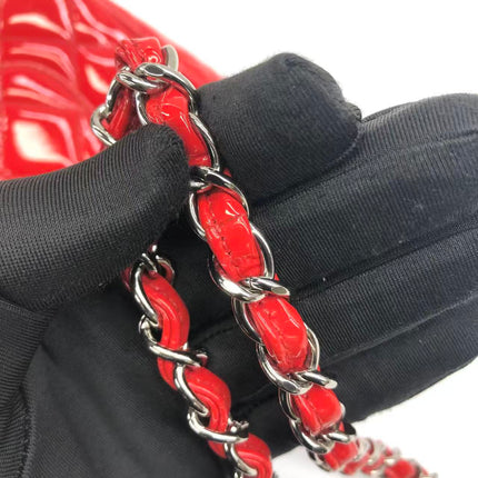 Chanel Classique Mini Rabat Cuir Verni Rouge Métal Argenté