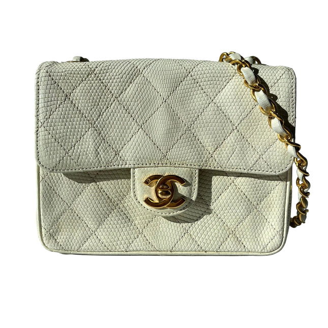 Chanel Mini Square Flap Bag Vintage White Lizard-skin Leather 24k Gold Plated Hardware, 2000-2002