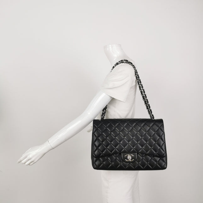 Chanel Classic Flap Maxi Black Lambskin Leather Double Flap Silver Hardware 2012