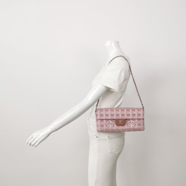 Chanel East West Chocolate Bar Travel Line Pink Fabric Shoulder Bag