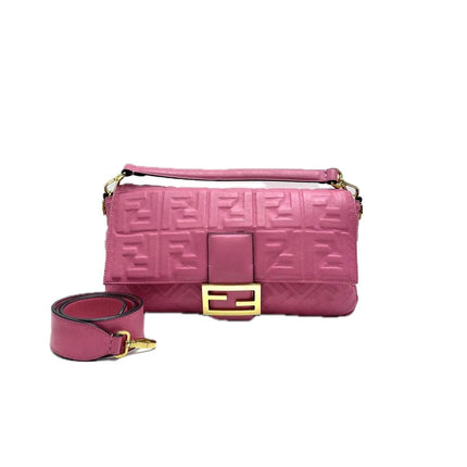 Fendi Baguette Large Pink Leather 3D FF Motif Crossbody Bag