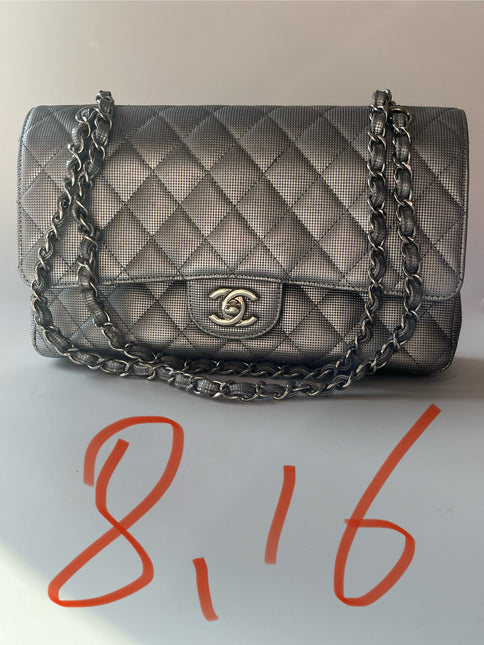 Chanel Classic Flap Medium 2016 Metallic Grey Pixel Effect Calfskin Leather Silver Hardware