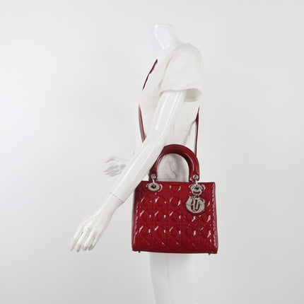 Lady Dior Medium Cherry Red Burgundy Patent Leather Handbag Silver Hardware