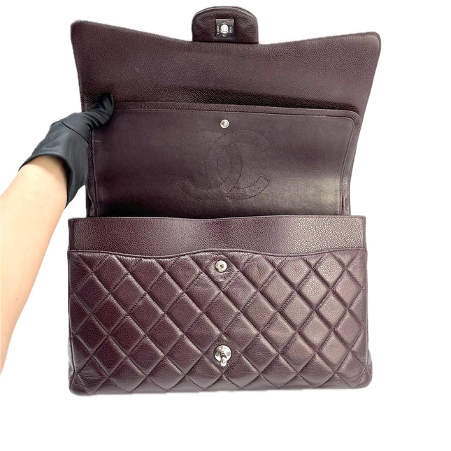 Chanel Classic Flap Jumbo Purple Caviar Leather Double Flap Silver Hardware
