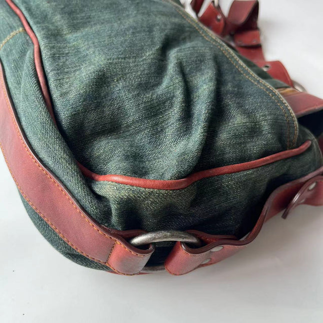 Sac Bandoulière Dior Vintage Gaucho Grand Jean Vert Cuir Bordeaux 2006