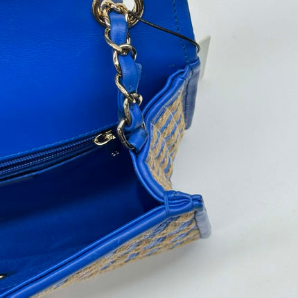 Chanel Mini Raffia Jute Striped Flap Bag Blue Diamond Wild Stitch