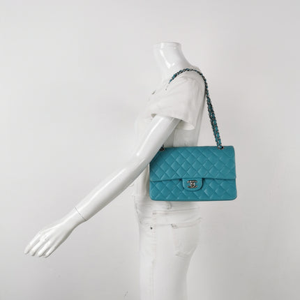 Chanel Timeless Classic Flap Medium Light Blue Lambskin Leather Silver Hardware