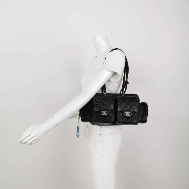 Chanel Cambon Multi-pocket Ligne Reporter Bag Medium Black CC on Black Calfskin Leather