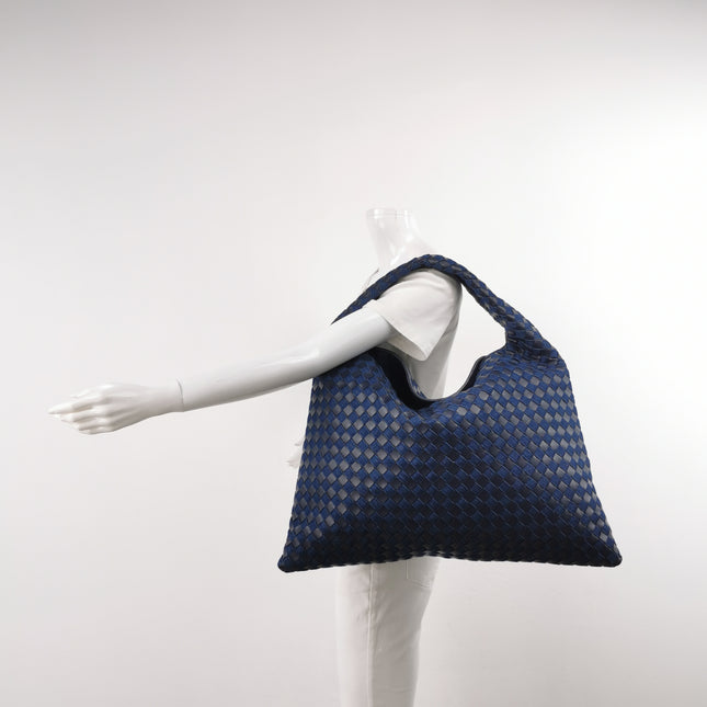 Bottega Veneta Hop Large Leather and Denim Intrecciato Navy Hobo Bag 55cm