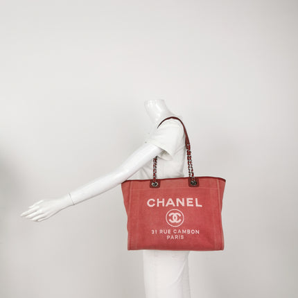 Chanel Deauville Tote Red Cloth Leather Chain Strap Small 34cm