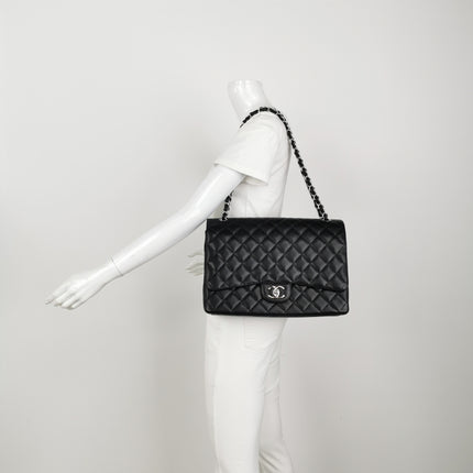 Chanel Classic Flap Maxi 2011 Black Caviar Leather Double Flap Silver Hardware