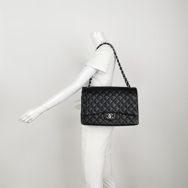 Chanel Classic Flap Maxi 2011 Black Caviar Leather Double Flap Silver Hardware