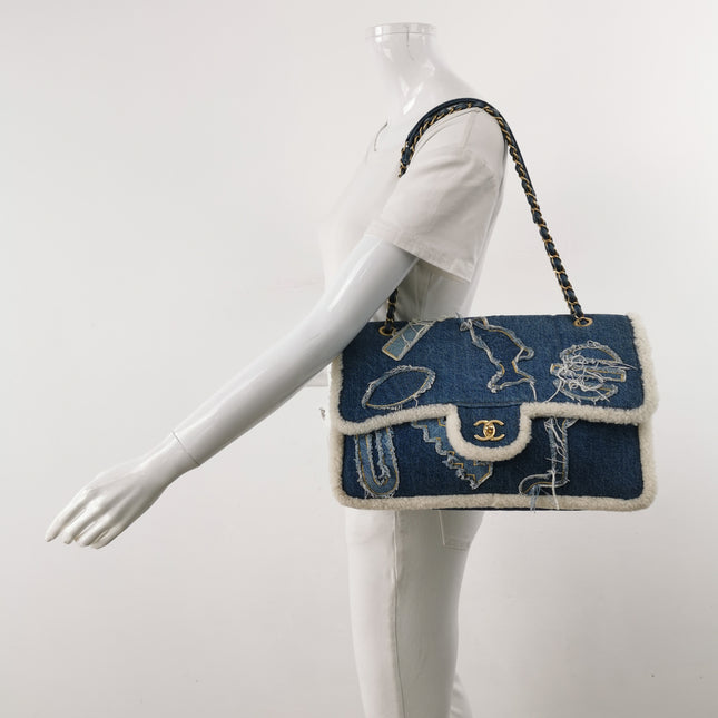 Chanel Blue Denim White Shearling Egyptian Hieroglyph Maxi Flap Bag Gold Hardware, 2019