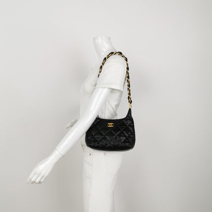 Chanel CC Chunky Chain Small Hobo Bag Black Shiny Crumbled Lambskin Quilted Leather