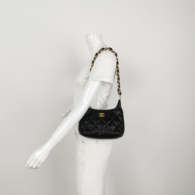 Chanel CC Chunky Chain Small Hobo Bag Black Shiny Crumbled Lambskin Quilted Leather
