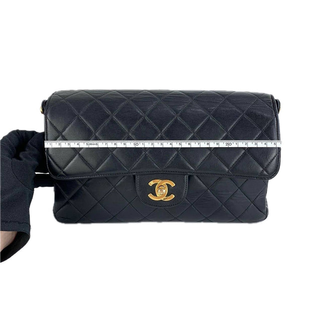 Chanel Medium Double Sided Top Handle Flap Bag Black Lambskin Leather 24k Gold Hardware