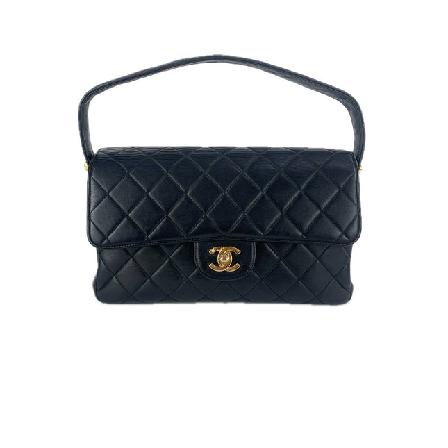 Chanel Medium Double Sided Top Handle Flap Bag Black Lambskin Leather 24k Gold Hardware