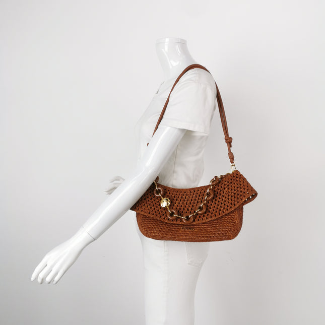 Loewe Paula's Ibiza Ola Medium Caramel Brown Raffia and Calfskin Shoulder Bag