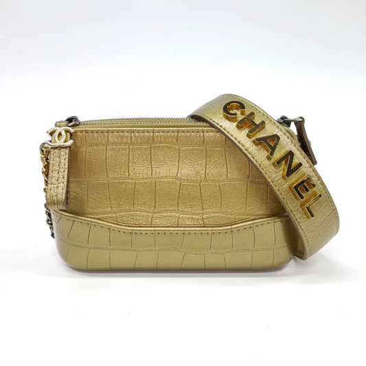 Chanel Gabrielle Mini Gold Crocodile Embossed Calfskin Leather Crossbody Bag-Luxbags