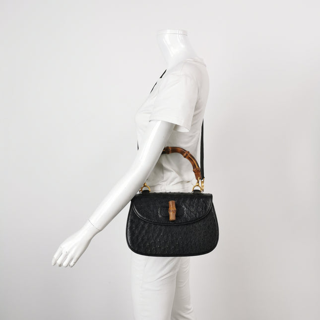 Rare Gucci Bamboo 1947 Vintage Ostrich Leather Medium Black With Strap