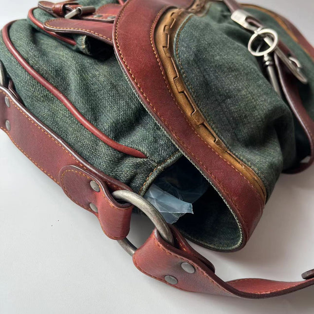 Sac Bandoulière Dior Vintage Gaucho Grand Jean Vert Cuir Bordeaux 2006