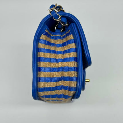 Chanel Mini Raffia Jute Striped Flap Bag Blue Diamond Wild Stitch