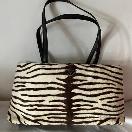 Prada Zebra Print Pony-style Calfskin Leather Brown Shoulder Bag