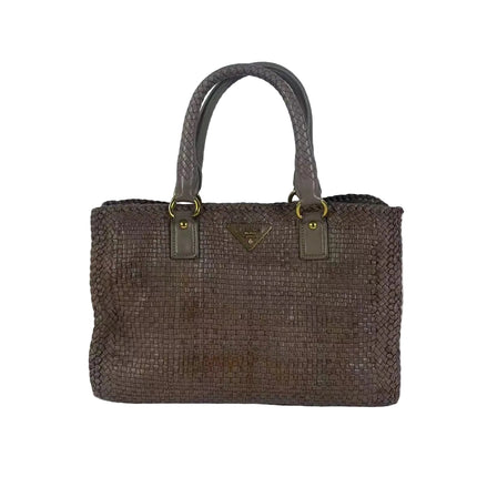 Sac de courses cabas Prada Madras en cuir tressé marron à poignée supérieure