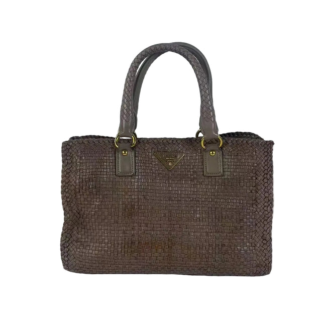Prada Madras Brown Woven Leather Top Handle Shopping Tote Medium