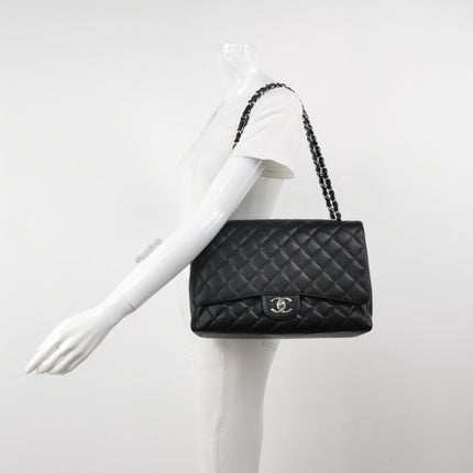 Chanel Classic Flap Maxi Black Caviar Leather Double Flap Sliver Hardware