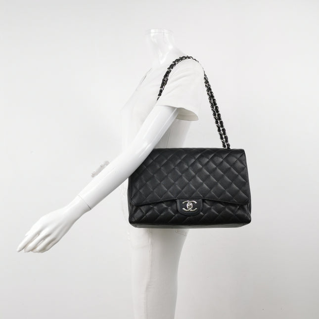 Chanel Classic Flap Maxi Black Caviar Leather Double Flap Sliver Hardware