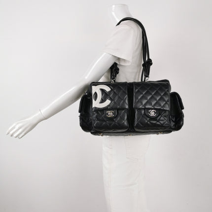 Chanel Cambon Multi-pocket Ligne Reporter Bag Large Black Calfskin Leather White Logo