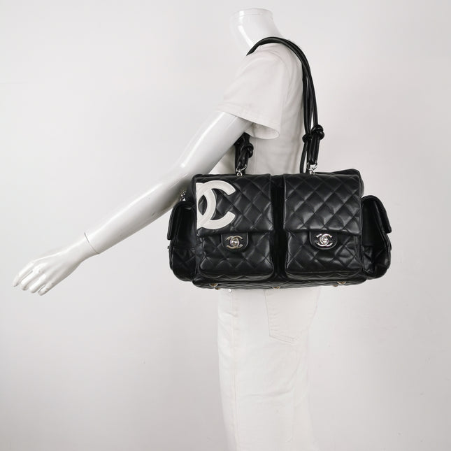 Chanel Cambon Multi-pocket Ligne Reporter Bag Large Black Calfskin Leather White Logo