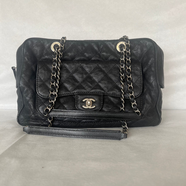 Chanel Paradoxal Camera Bag Black Caviar Leather Double Chain Silver Hardware