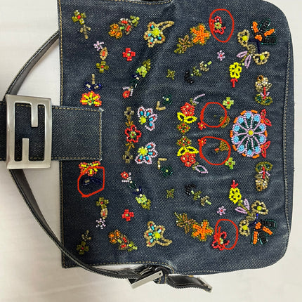 Sold FENDI Baguette Blue Denim with beaded Flower Embroidery