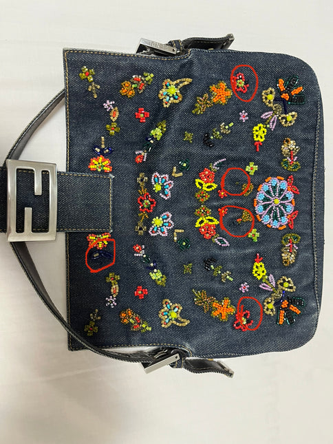 Sold FENDI Baguette Blue Denim with beaded Flower Embroidery