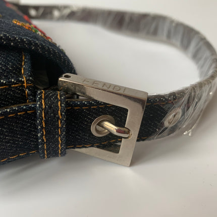 Sold FENDI Baguette Blue Denim with beaded Flower Embroidery