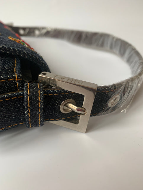 Sold FENDI Baguette Blue Denim with beaded Flower Embroidery