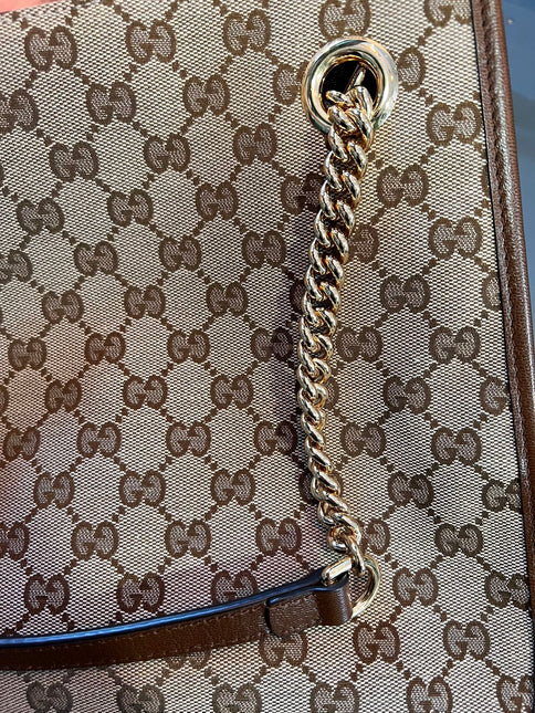 Sold Gucci 1956 horsebit chain tote in monogram canvas and brown leather