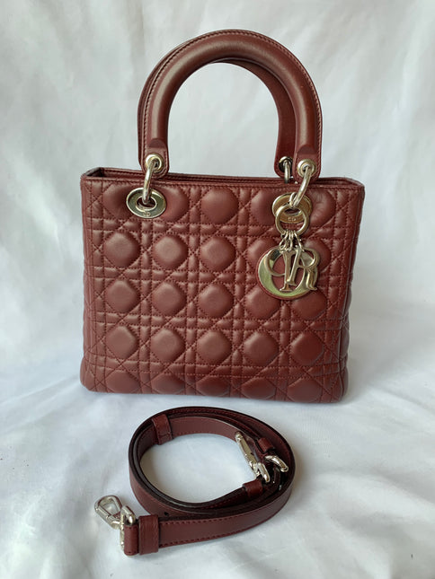 Sold Lady Dior Medium Burgundy Cannage Lambskin Leather with strap