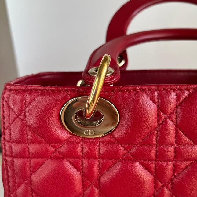 Sold Lady Dior Red Lambskin Cannage Leather Medium